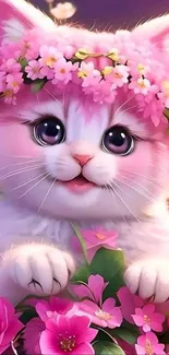 Adorable fluffy kitten with pink flower crown in vibrant floral setting.