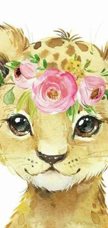 Watercolor lion cub with floral crown, cute and colorful design.