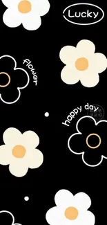 Cute floral wallpaper with black background and white flowers.