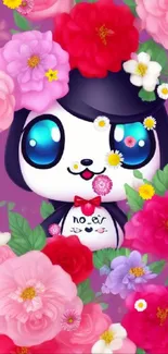 Cute panda surrounded by colorful flowers on a vibrant purple background.