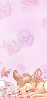 Cute animals with pastel pink floral background.