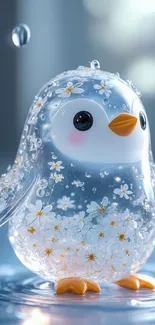 Cute floral-themed glass penguin art.