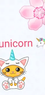 Cute wallpaper with unicorn, cat, and flowers on white background.