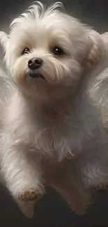 Fluffy white dog with angel wings in a serene pose.