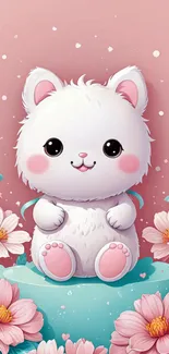 Cute fluffy cartoon animal among pink flowers