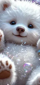 Fluffy white bear with bubbles and paws up.