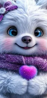 Cute fluffy bear with purple bow and heart