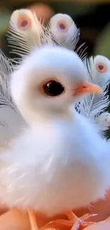 Adorable fluffy white bird with peacock-like feathers.