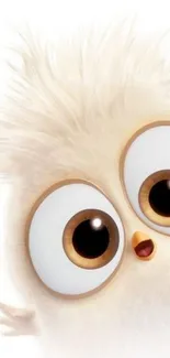 Cartoon fluffy bird with big brown eyes on a white background.