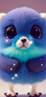 Cute fluffy blue cartoon animal wallpaper with big eyes.