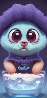 Adorable fluffy blue creature with big eyes sitting in an ice bowl, cute mobile wallpaper.