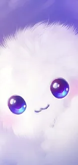 Cute fluffy creature with blue eyes on a dreamy purple background.