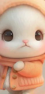 Cute fluffy bunny wearing an orange hoodie suits phone screen.