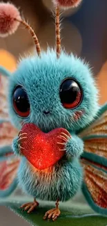 Cute fluffy butterfly holding a heart.