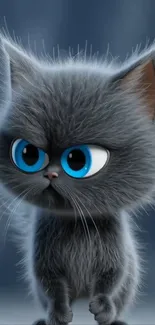 Cute fluffy cartoon kitten with blue eyes.