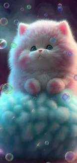 Fluffy kitten on blue cloud with bubbles and soft lighting.