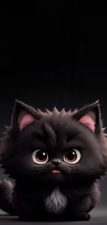 Cute fluffy black cat with big eyes on a dark background.