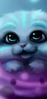 Adorable fluffy cat with blue eyes in a whimsical fantasy setting.