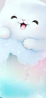 Cute fluffy white cartoon cat in pastel colors.