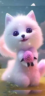 Cute fluffy white cat holding a pink flower in a whimsical scene.