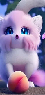 Cute fluffy cat with pink hues and blue eyes playing with a colorful ball.