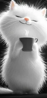 A cute fluffy white cat holding a steaming coffee cup.