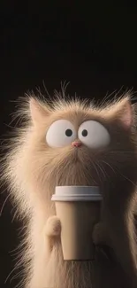 Cute fluffy cartoon cat holding a coffee cup.