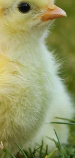 Close-up of a fluffy yellow chick sitting in green grass.