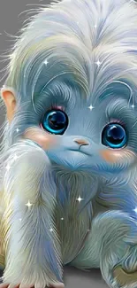 Cute fluffy creature with blue eyes on grey background.