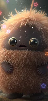 Cute fluffy creature with big eyes in a whimsical setting.