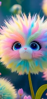 Cute fluffy creature with rainbow fur in a fantasy setting.