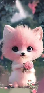 Cute fluffy creature holding a pink rose, set in a dreamy background.