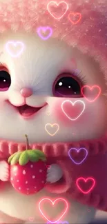 Cute fluffy creature in pink hood with strawberry.