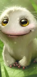 Cute fluffy white creature on a green leaf, smiling with bright eyes.