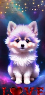 Fluffy dog in a cosmic scene with love theme.