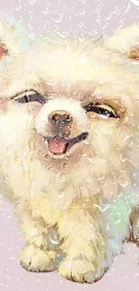 Adorable fluffy white dog smiling on a light purple background.