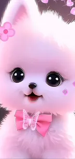 Adorable fluffy cartoon dog with a pink bow tie and flowers.