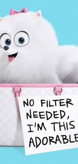 Fluffy cartoon dog in a bag with funny text on a light blue background.