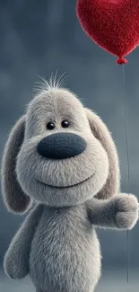Fluffy cartoon dog with heart balloon, gray background.