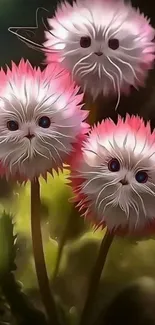 Cute and fluffy flower-like creatures on a whimsical nature background.