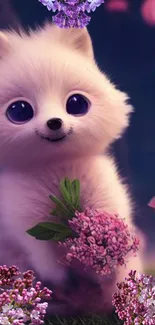 Cute fluffy fox holding flowers in a fantasy setting.