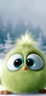 Cute fluffy green bird with big eyes in a snowy forest setting.