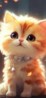 Adorable animated orange kitten with headphones on a mobile wallpaper.