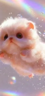 Cute fluffy kitten artwork with bubbles and rainbows.