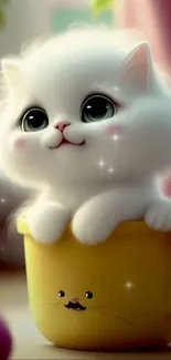 Adorable fluffy kitten peeks from a yellow cup.