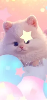 Fluffy white kitten among pastel balloons and stars, creating a dreamy scene.