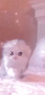 Fluffy white kitten with pink dreamy background.