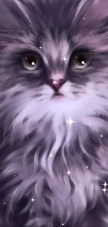 Adorable fluffy kitten with lavender fur background.