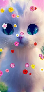 Fluffy white kitten with big eyes in a colorful floral setting.