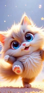 Adorable fluffy cartoon kitten with big eyes dancing on a dreamy background.